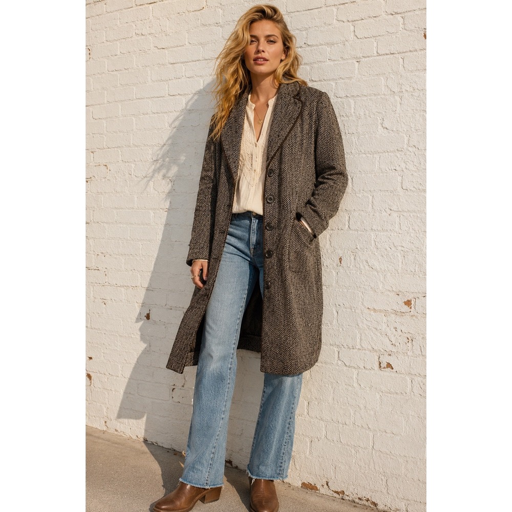 Vintage Karen Kane Brown Wool Herringbone Long Overcoat Academic Size L